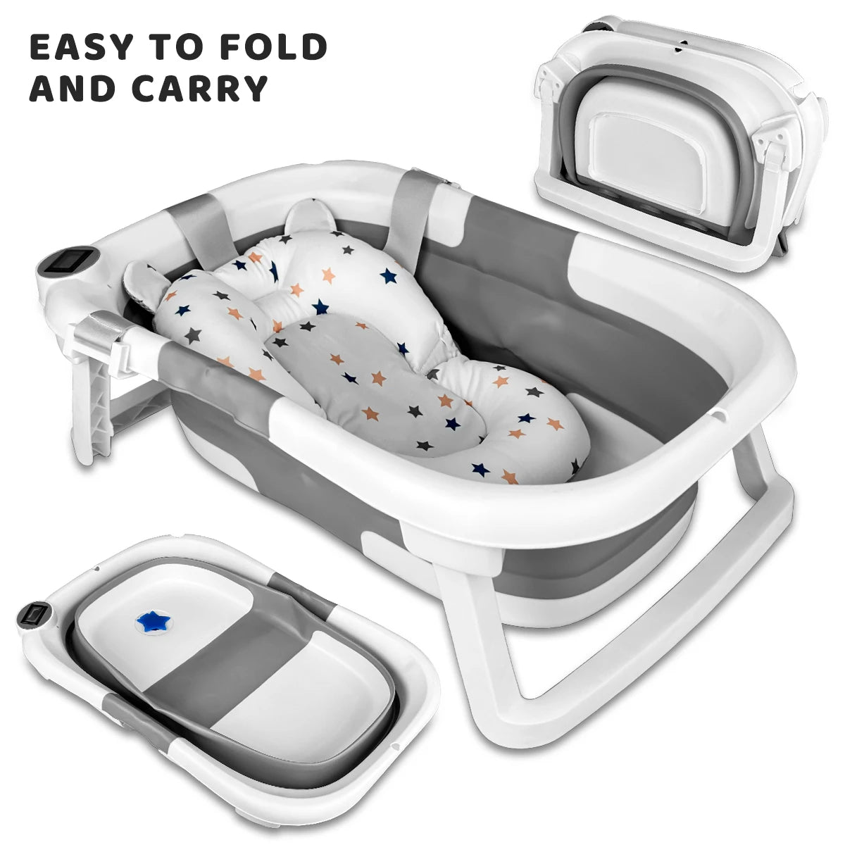 Foldable Baby Bathtub With Soft Cushion And Thermometer Portable Travel