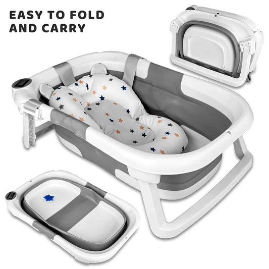 Foldable Baby Bathtub With Soft Cushion And Thermometer Portable Travel