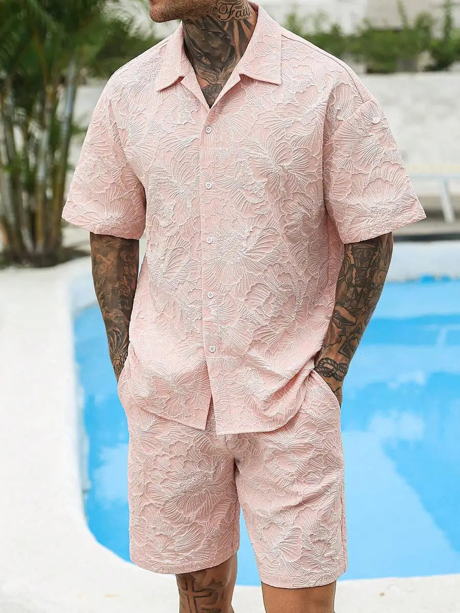 Manfinity CasualCool Men's Yellow Summer Casual Vacation Holiday Outfit,Textured Geometric Pattern Short Sleeve Button Up Shirt