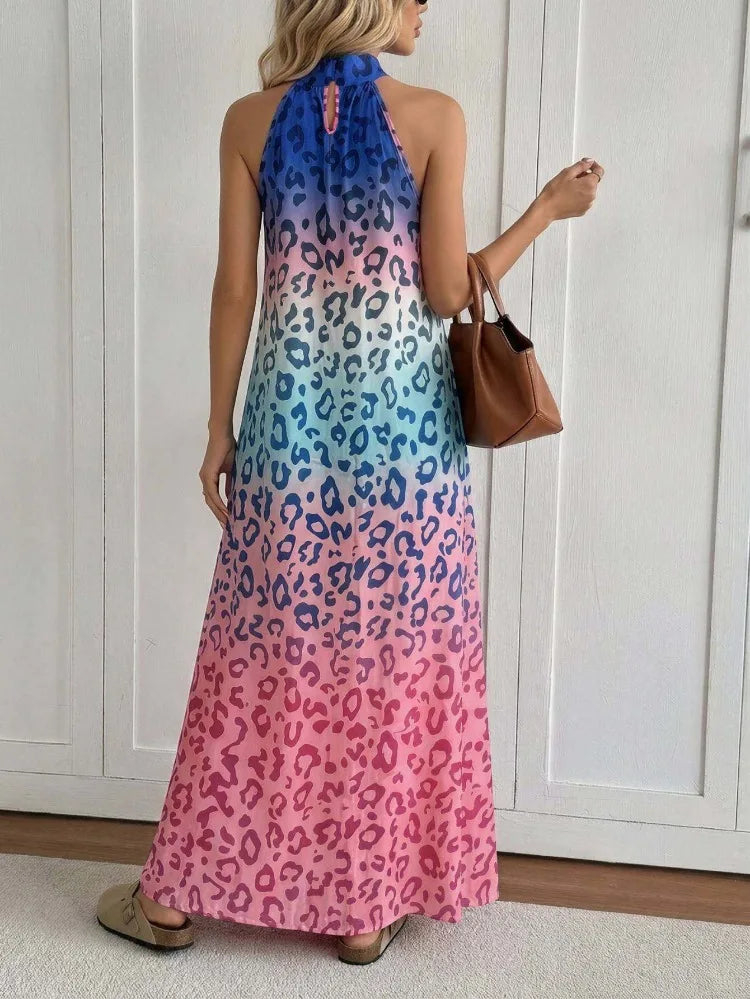Women Halter Neck Maxi Dresses 2026 New Summer Fashion Gradient Color Leopard Printed Sleeveless Loose Casual Vacation Beach Long Sundress