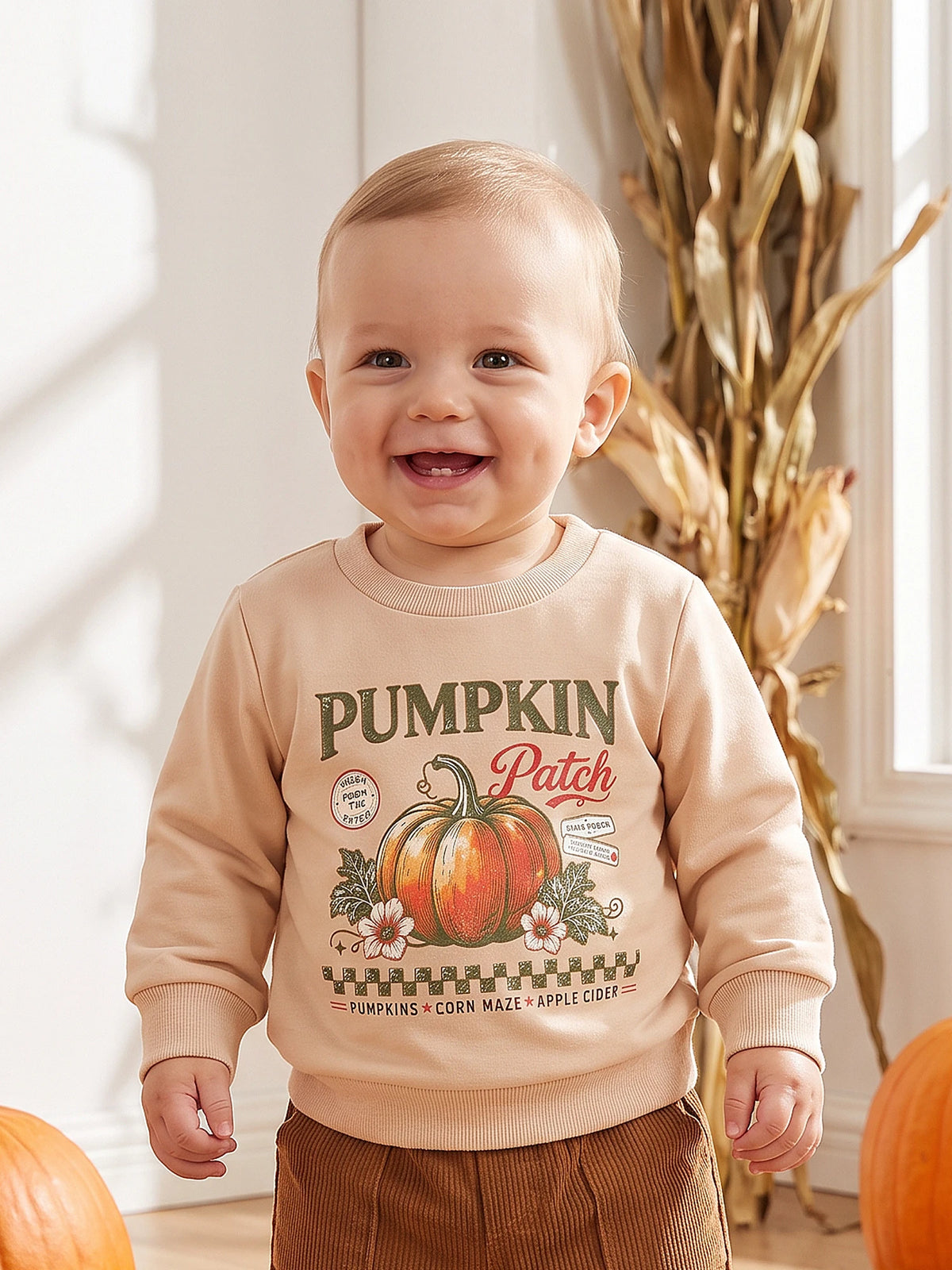 Girls Long Sleeve Crew Neck Pumpkin Print Fall Top