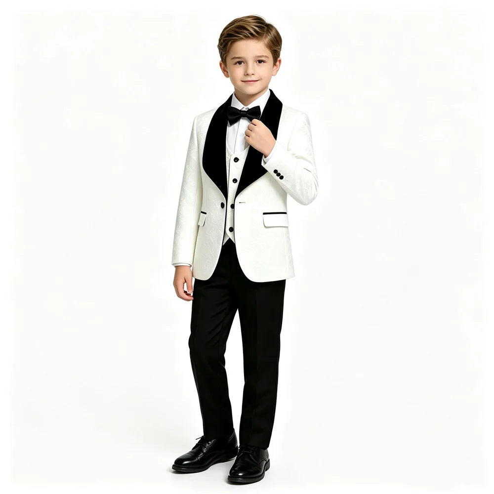 Boys Jacquard Tuxedo Suit 3 Piece Bow Tie Velvet Set