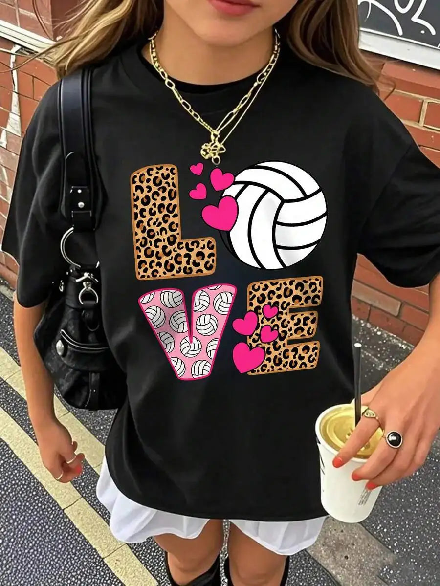 Girls & Teenagers Students Casual Printed Black Crew Neck Short Sleeve T-Shirt Top, Summer