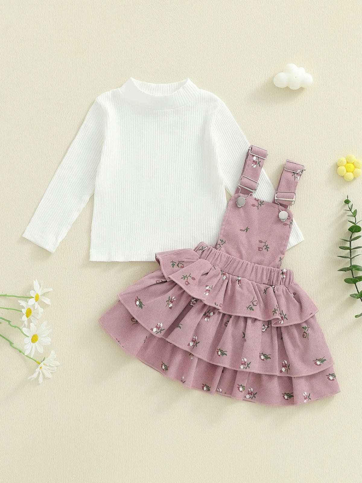 Baby Girl Autumn Two Piece Mock Neck Blouse Skirt Set