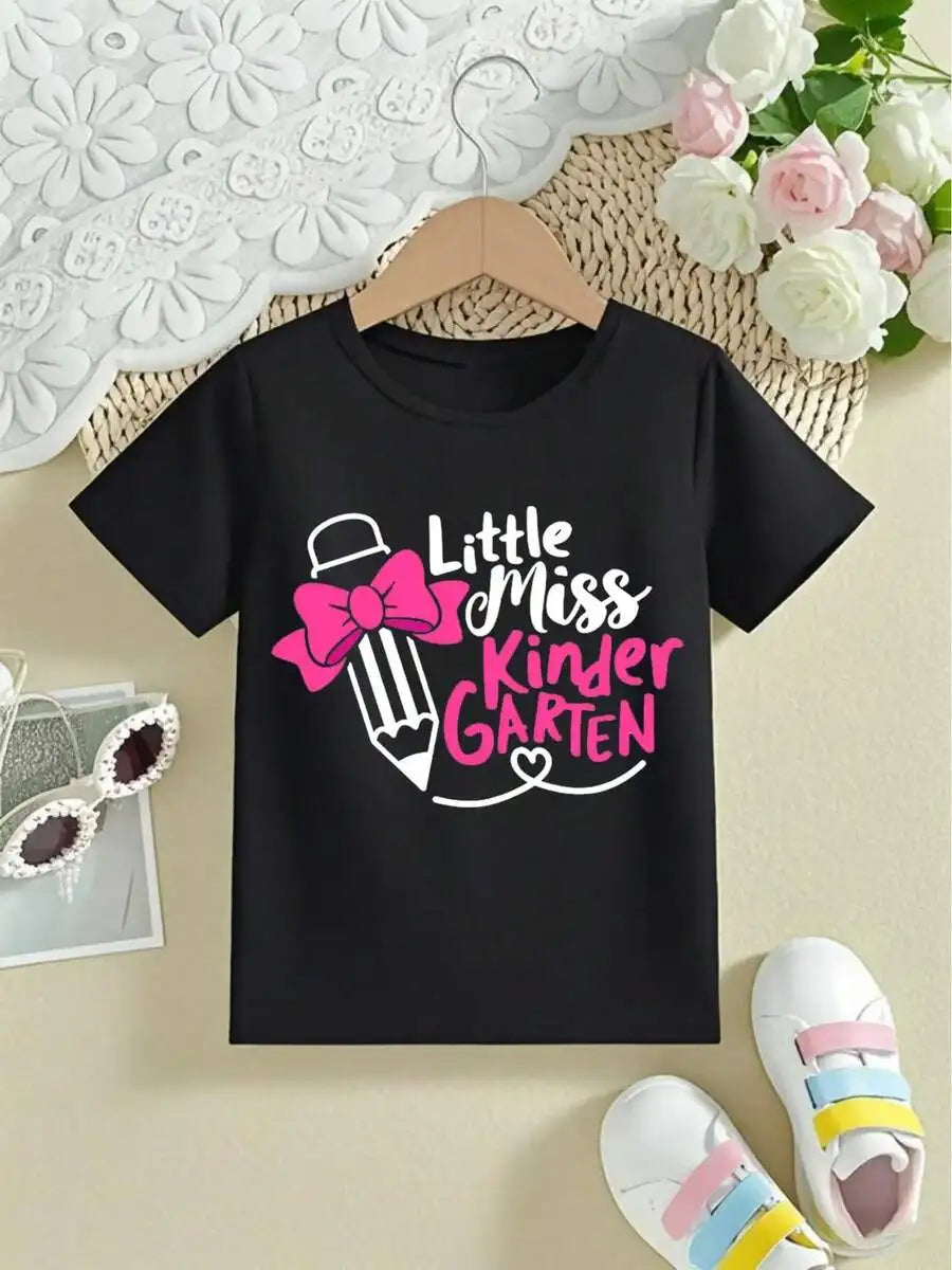 Girl Little Miss Kindergarten T-Shirt - Pink Bow And Pencil Print First Day Of School Outfit, Cute Kindergarten Teacher Or Stude