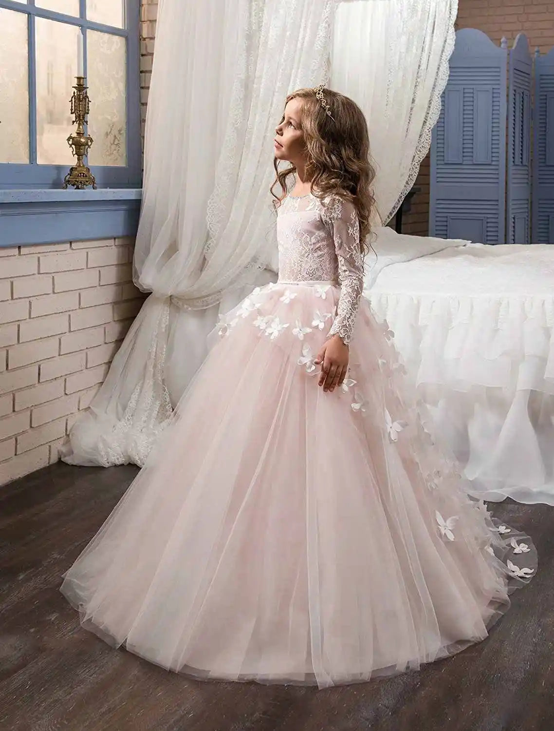 Abaowedding Long Sleeve Lace Flower Girl Dress With Train 3D Butterfly