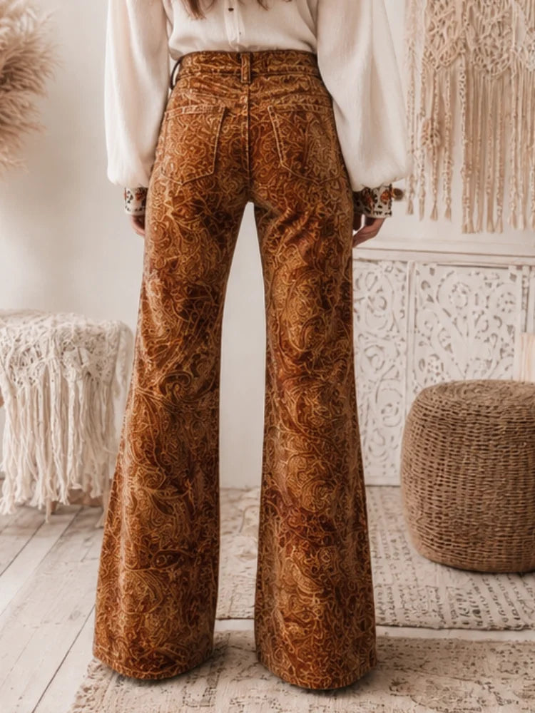 Women's Velvet Printed Fashionable Trousers - Retro Full Western Paisley Pattern Khaki High-Waisted, Bohemian Style, with Pockets, Suitable for Daily Casual Wear in Autumn and Winter