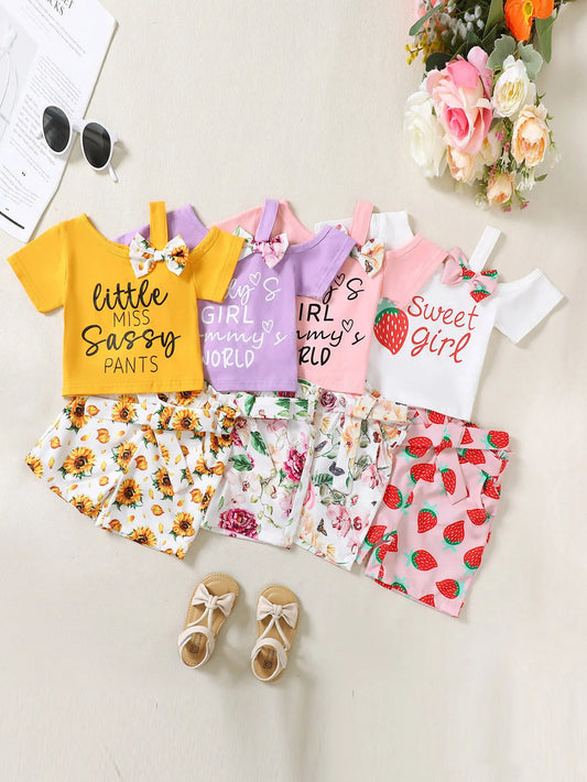 Girls Cotton Floral Summer Set T Shirt And Shorts Outfit