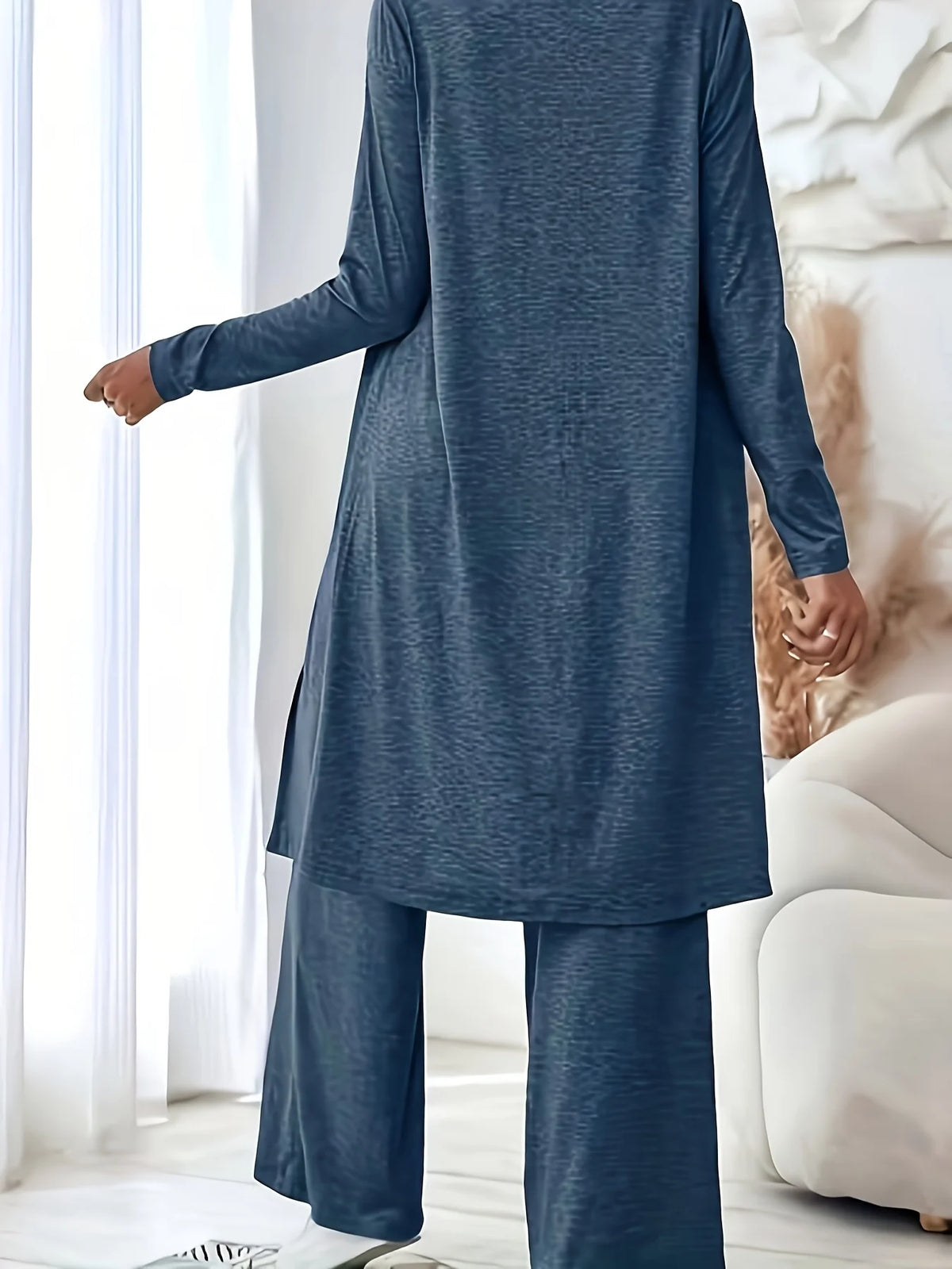 Plus size women's lazy loungewear knit 3-piece set; mixed color textured tank top, long cardigan, high-waisted pocket wide-leg pants loose set