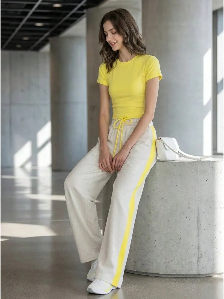 Women 2 Piece Sets Casual Outfit Solid Short Sleeves Crew Neck Crop T‑Shirt & Side Stripe Drawstring Wide Leg Sweatpants Set Sporty Matching Tracksuit
