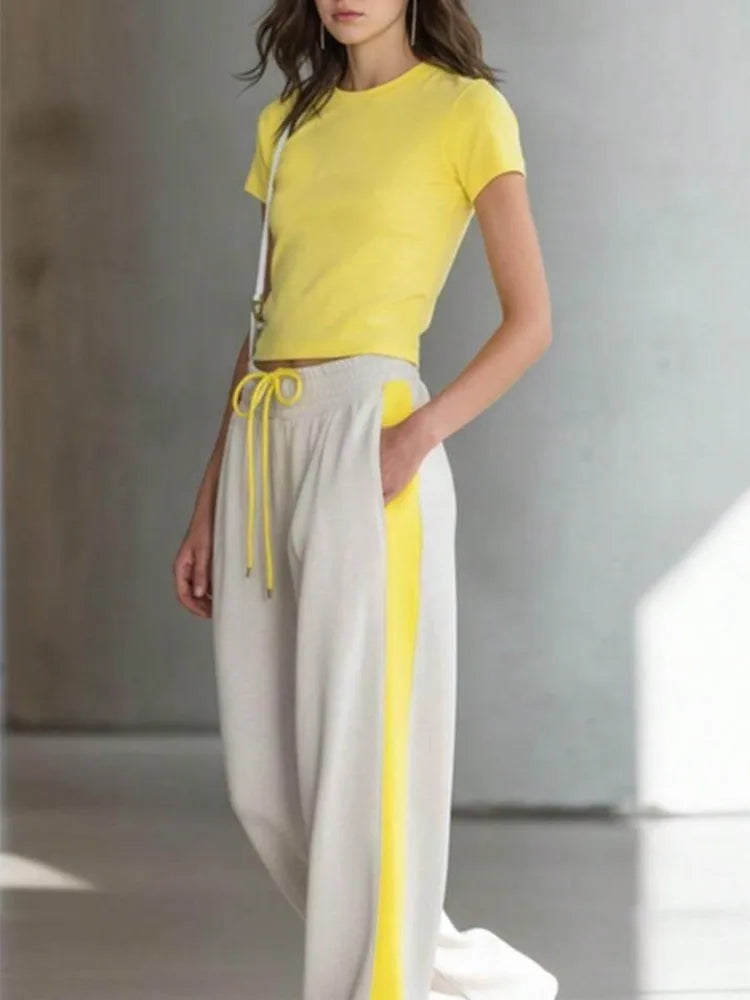 Women 2 Piece Sets Casual Outfit Solid Short Sleeves Crew Neck Crop T‑Shirt & Side Stripe Drawstring Wide Leg Sweatpants Set Sporty Matching Tracksuit