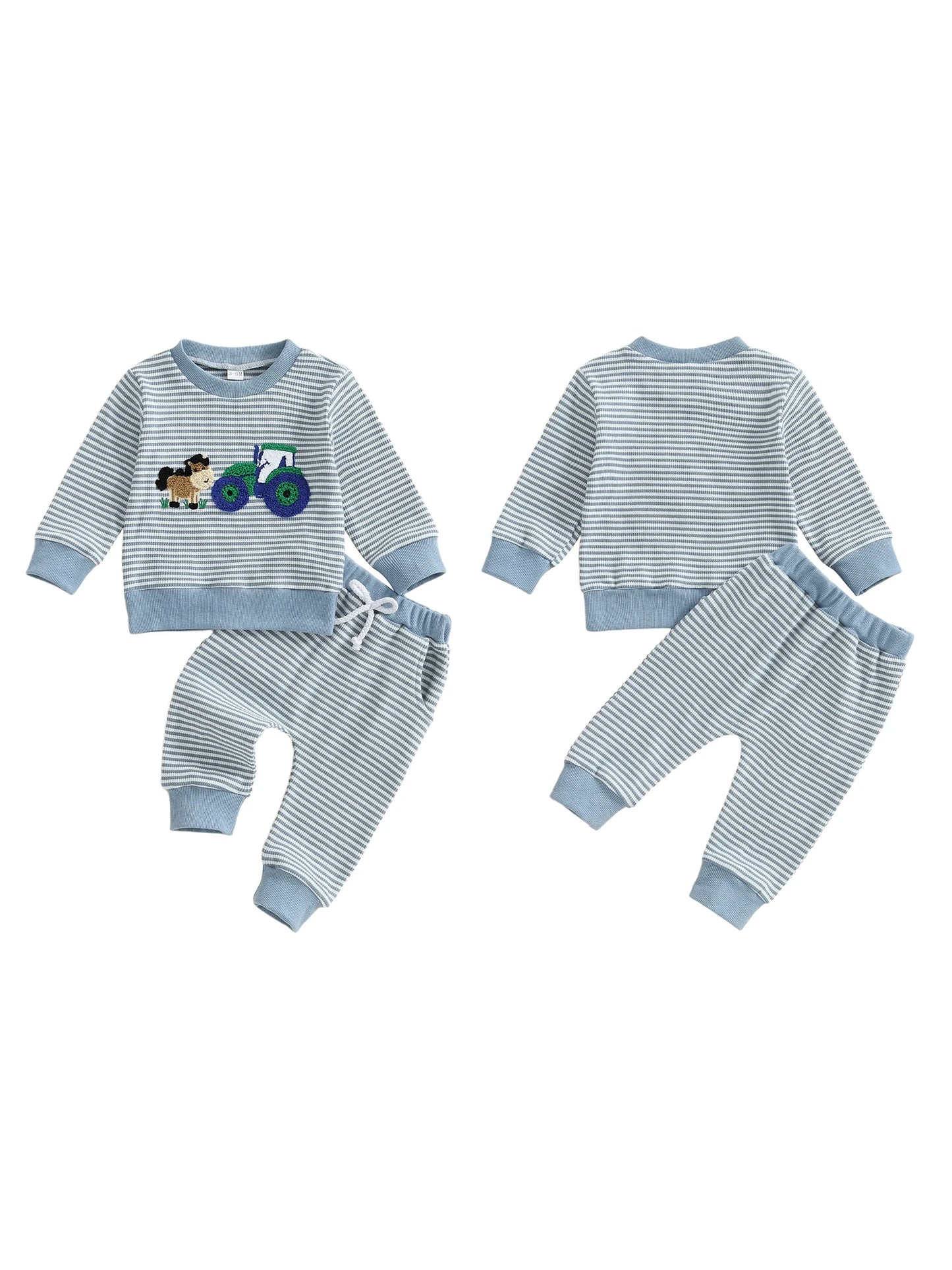 Toddler Boy Autumn Outfit Set Striped Pullover With Animal Embroidery