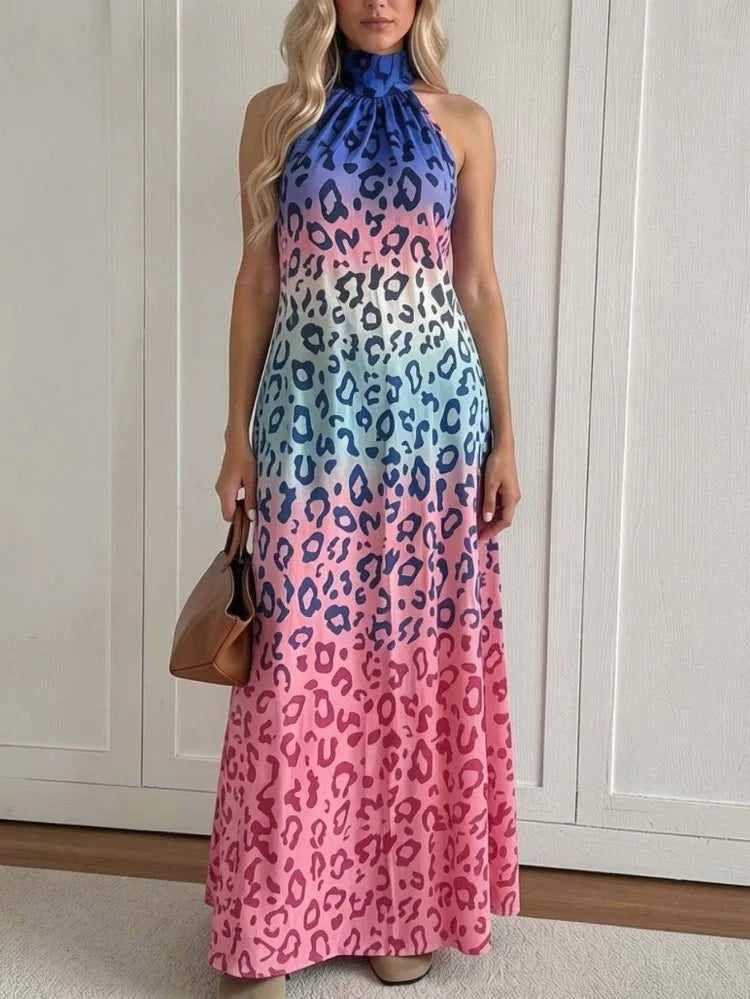 Women Halter Neck Maxi Dresses 2026 New Summer Fashion Gradient Color Leopard Printed Sleeveless Loose Casual Vacation Beach Long Sundress