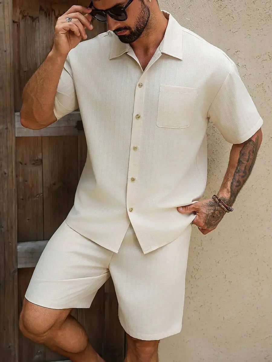 Manfinity CasualCool Men's Yellow Summer Casual Vacation Holiday Outfit,Textured Geometric Pattern Short Sleeve Button Up Shirt