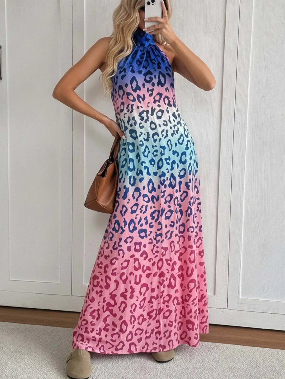 Women Halter Neck Maxi Dresses 2026 New Summer Fashion Gradient Color Leopard Printed Sleeveless Loose Casual Vacation Beach Long Sundress