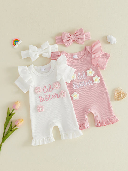 Floral Print Sleeveless Baby Girl Romper With Matching Bow Headband