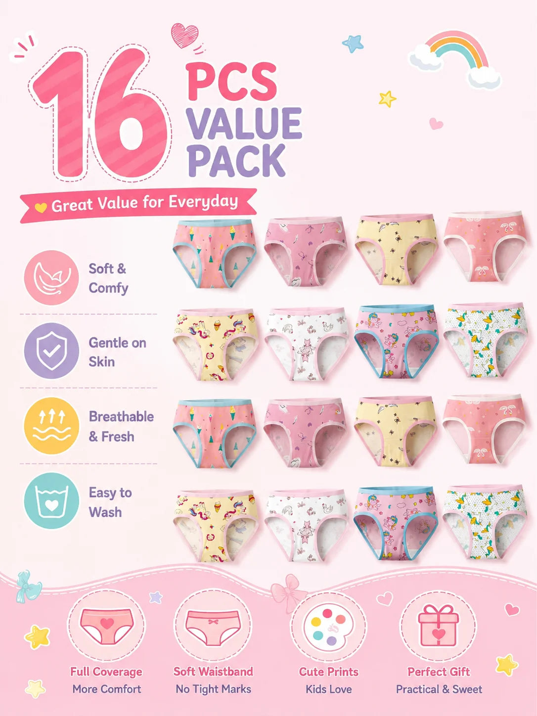 ZEKSAF Kids Girls Briefs 16 Pack Cute Unicorn & Swan Print Soft and Seamless Girls Underwears