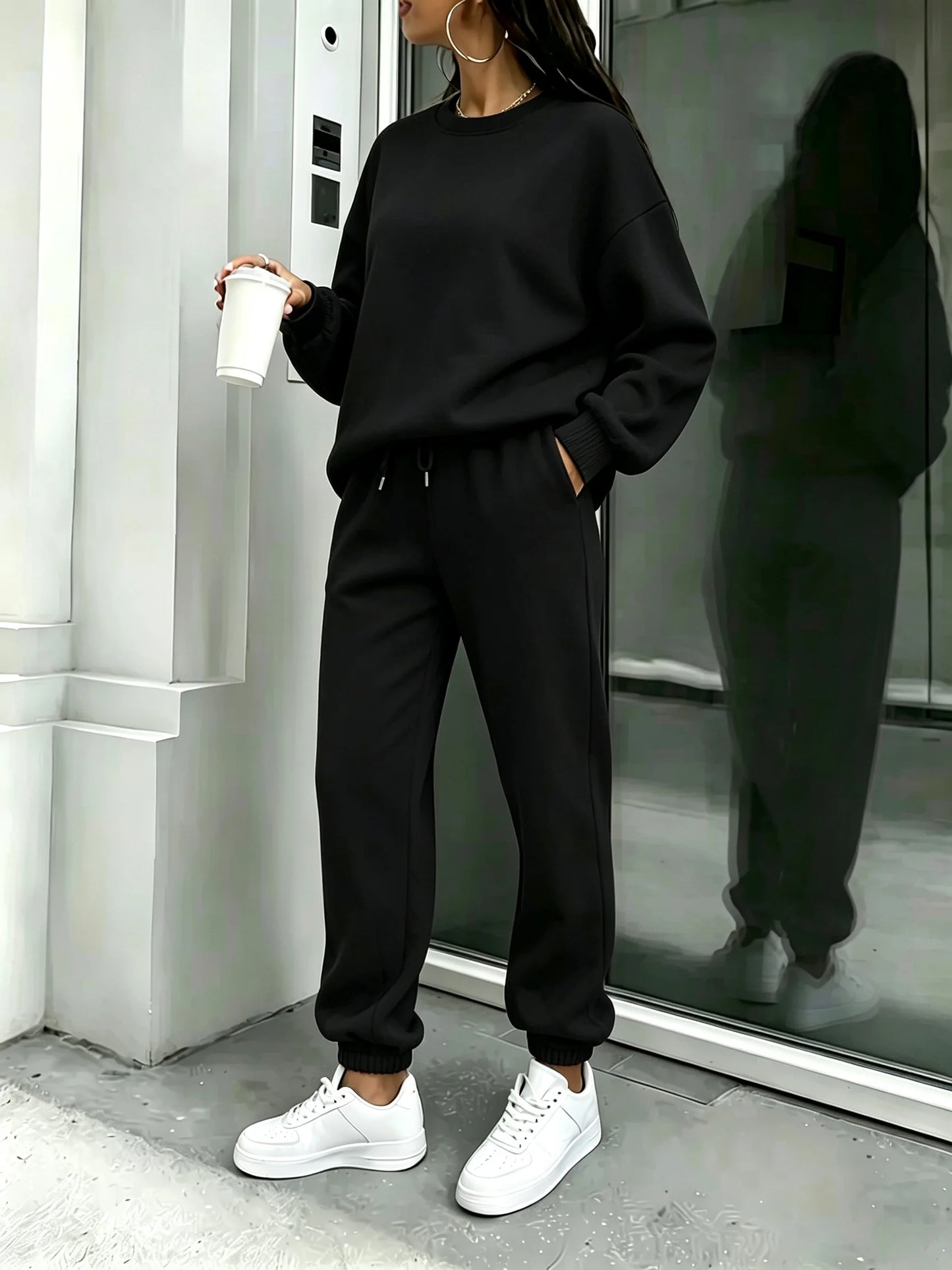 Women Solid 2 Piece Outfit, Oversized Crewneck Sweatshirt & Drawstring Jogger Pants Set, Casual Loose Tracksuit Loungewear for Daily Street WearAliExpress