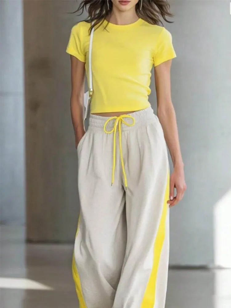 Women 2 Piece Sets Casual Outfit Solid Short Sleeves Crew Neck Crop T‑Shirt & Side Stripe Drawstring Wide Leg Sweatpants Set Sporty Matching Tracksuit