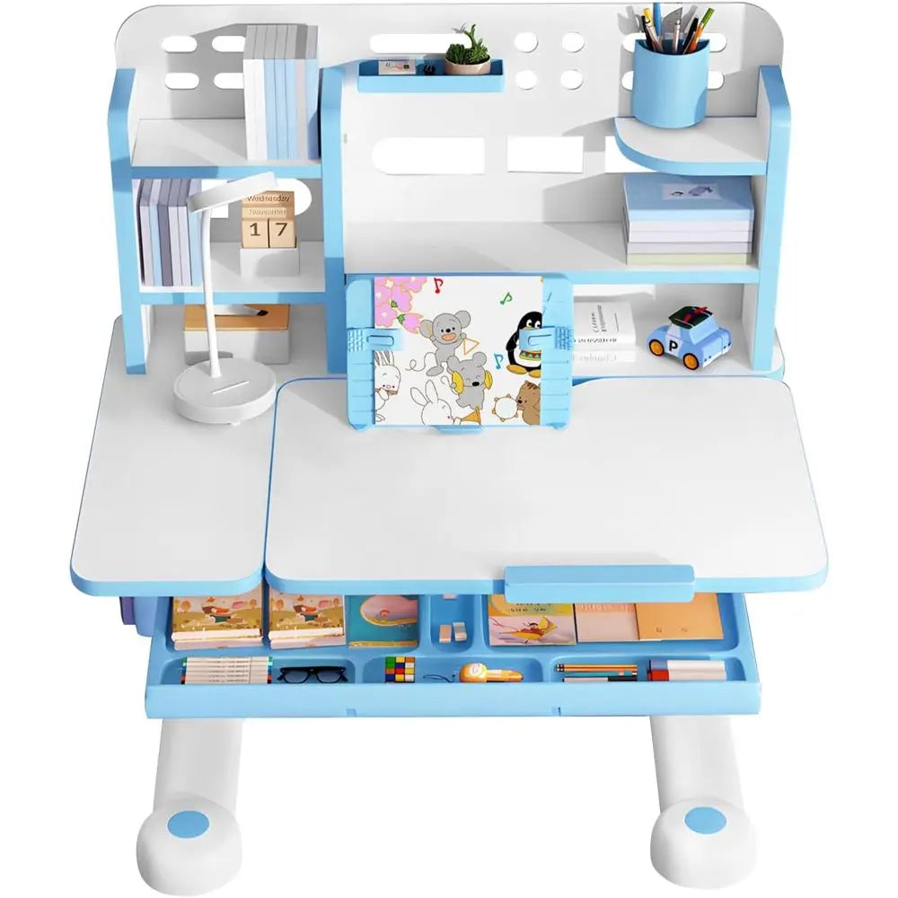 Kids Adjustable Desk And Chair Set With Bookshelf And Storage