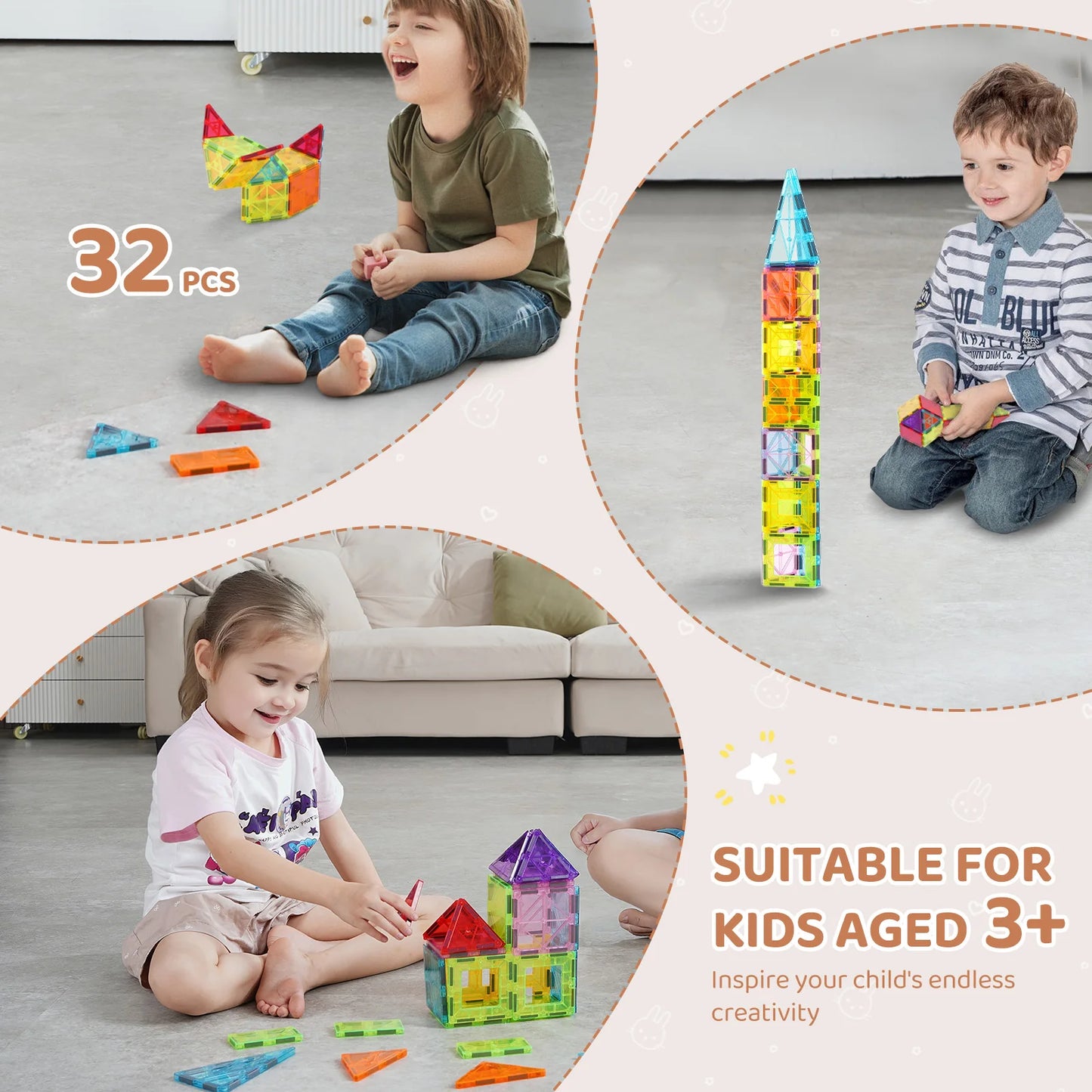 SucceBuy 32 Piece Magnetic Tiles Building Blocks STEM Toy Set