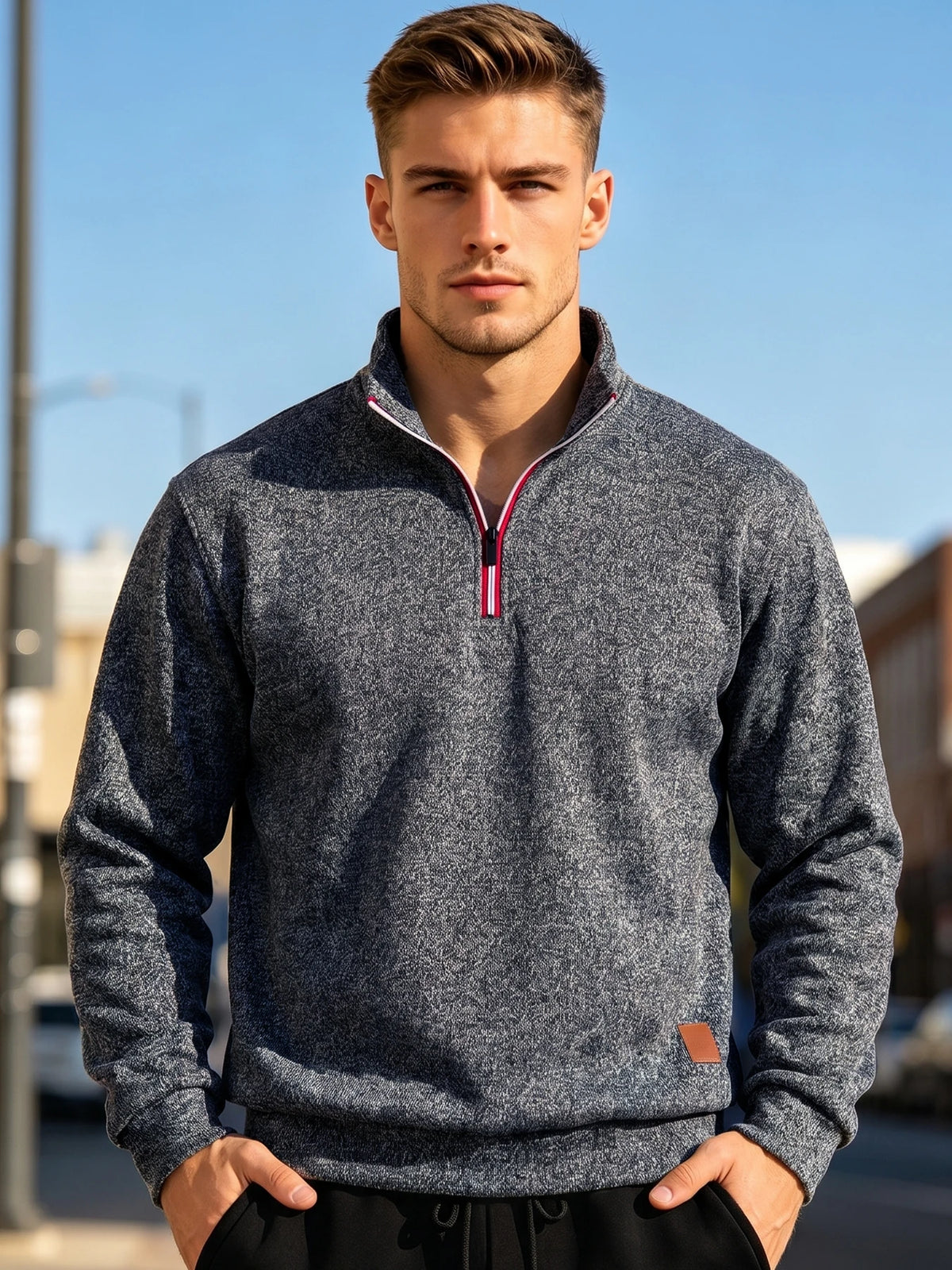 Men 1/4 Quarter Zip Pullover Sweatshirt Heather Mock Neck Top Contrast Zipper Casual Long Sleeve Sweater
