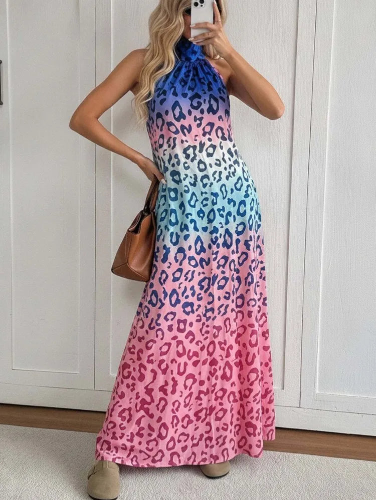 Women Halter Neck Maxi Dresses 2026 New Summer Fashion Gradient Color Leopard Printed Sleeveless Loose Casual Vacation Beach Long Sundress