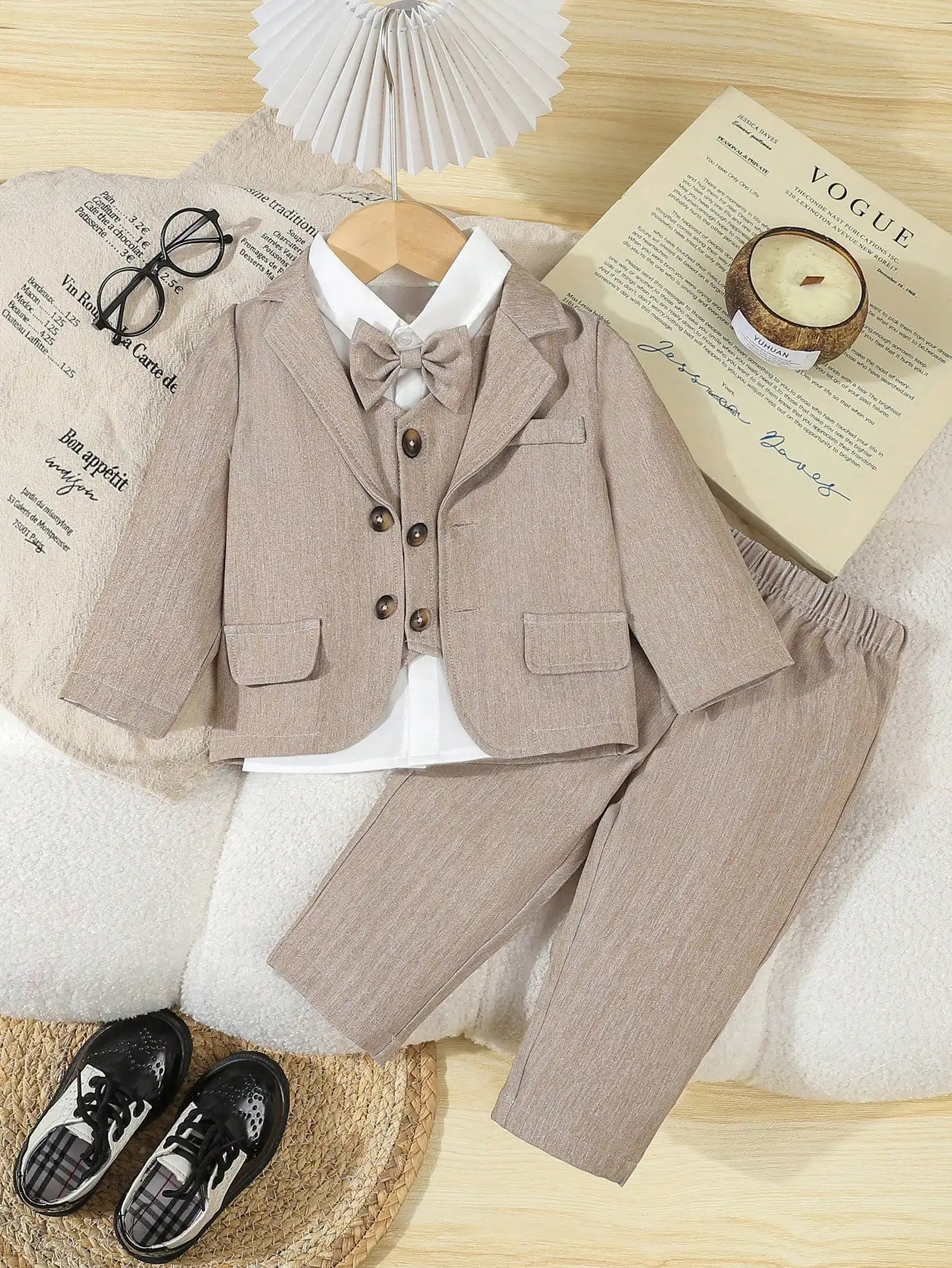 Toddler Boy Formal Suit Set Blazer Vest Pants Beige Corduroy