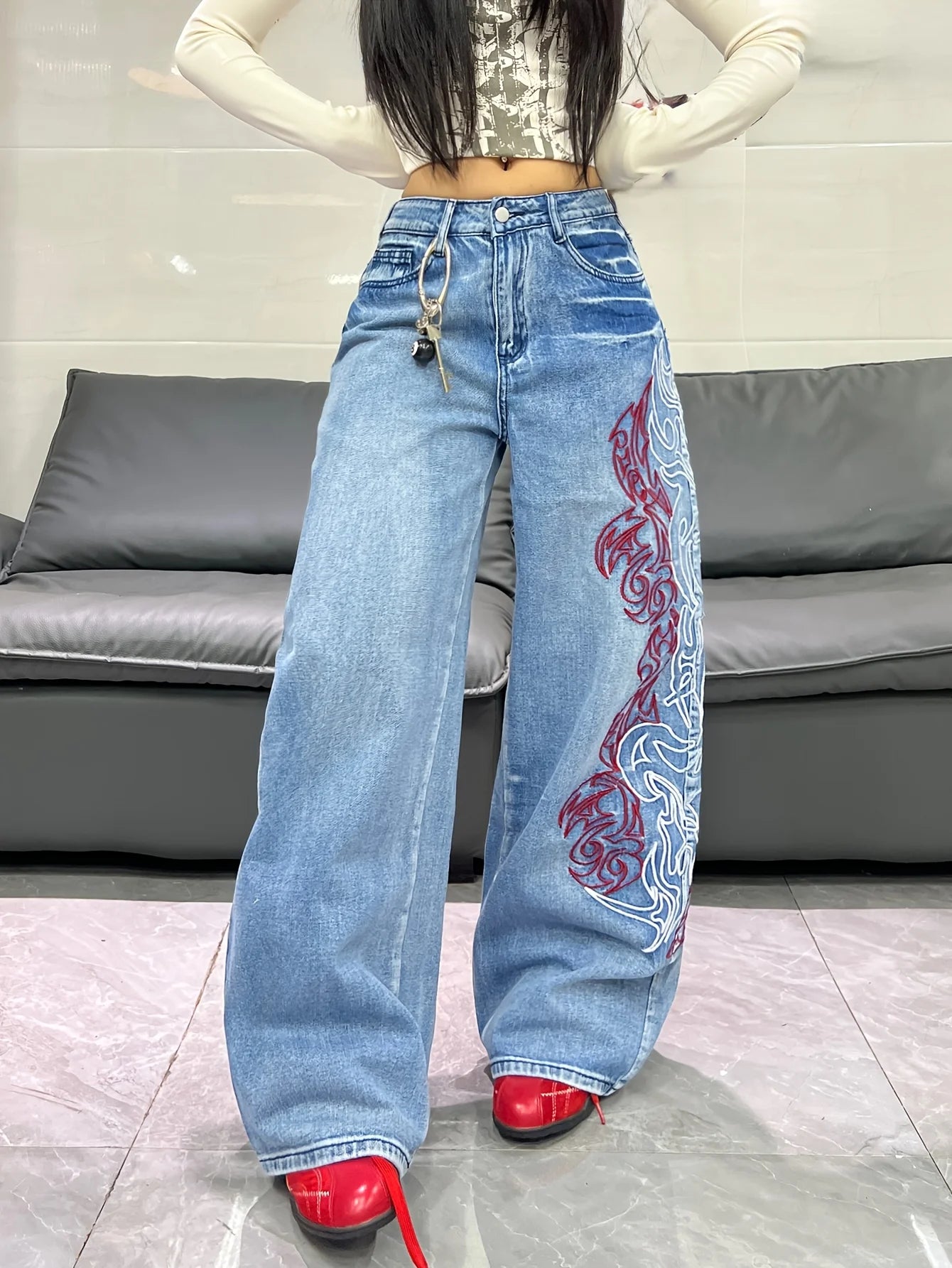 American Retro Two-Color Embroidered Wide-Leg Women's High-Waisted Jeans - Fashionable Design, Straight-Leg Loose Slimming Wide-Leg Floor-Length Trousers For Street Hotties