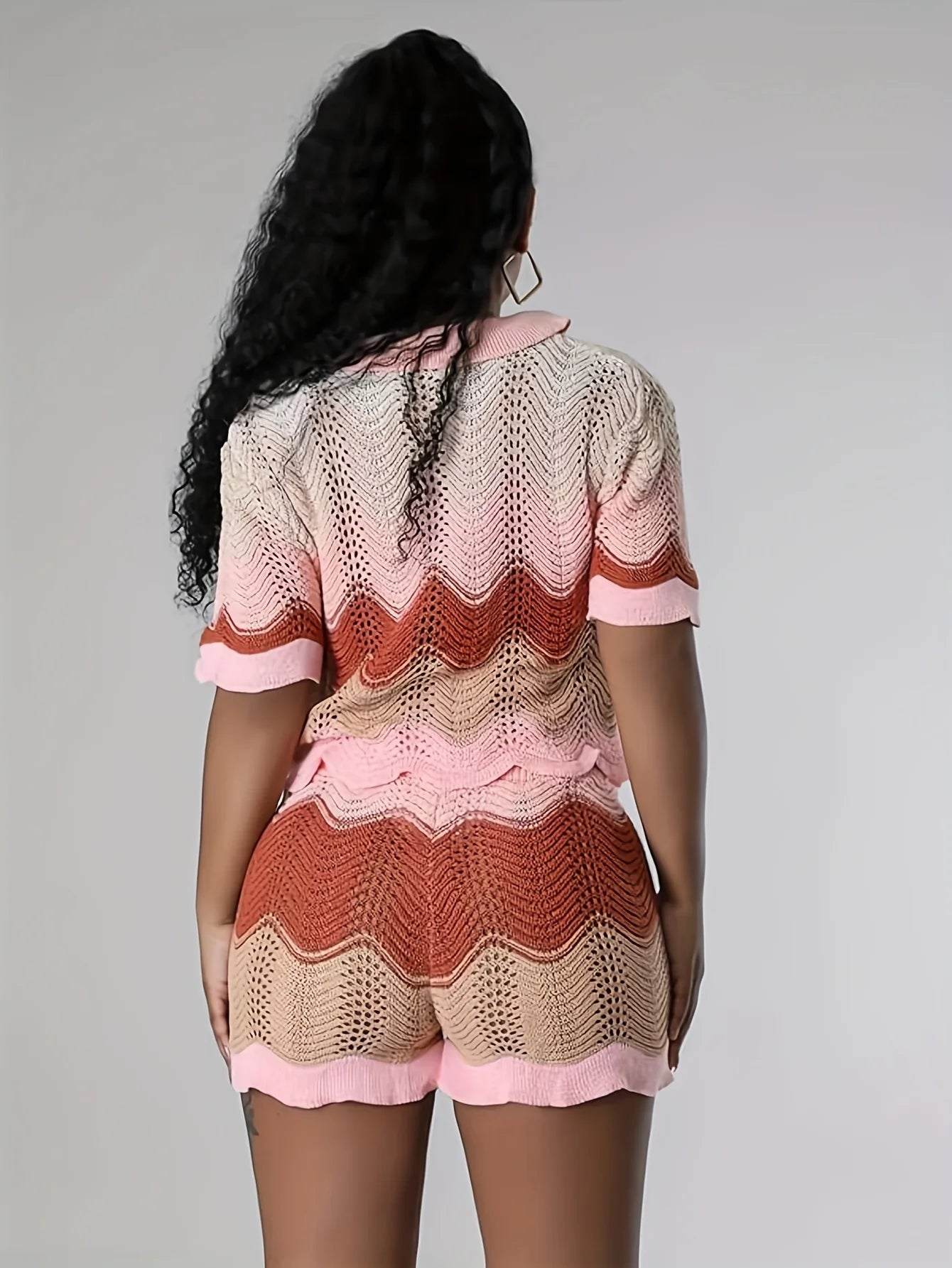 Women's Gradient Knit 2 Piece Set Collared Top Drawstring Shorts