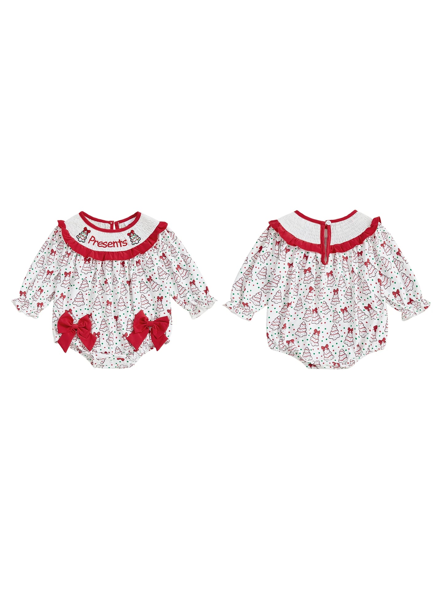Baby Girl Bubble Romper With Christmas Tree Embroidery Long Sleeve