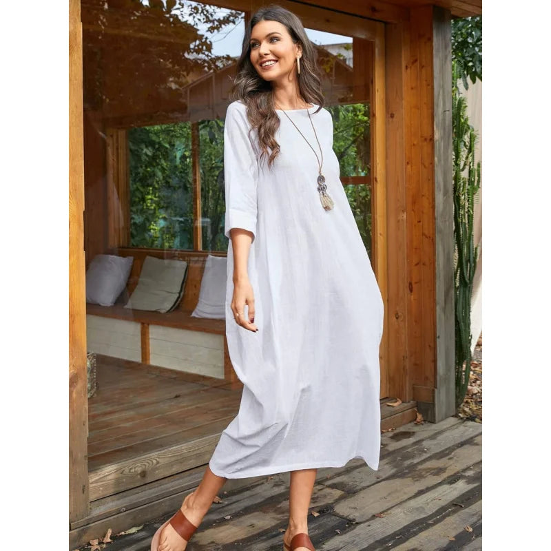 Autumn Solid Cotton Caftan Dress Loose Fit Women Casual