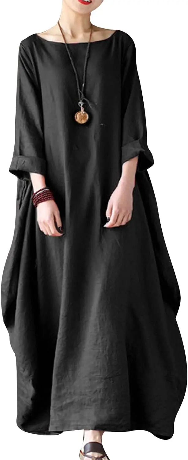 Autumn Solid Cotton Caftan Dress Loose Fit Women Casual