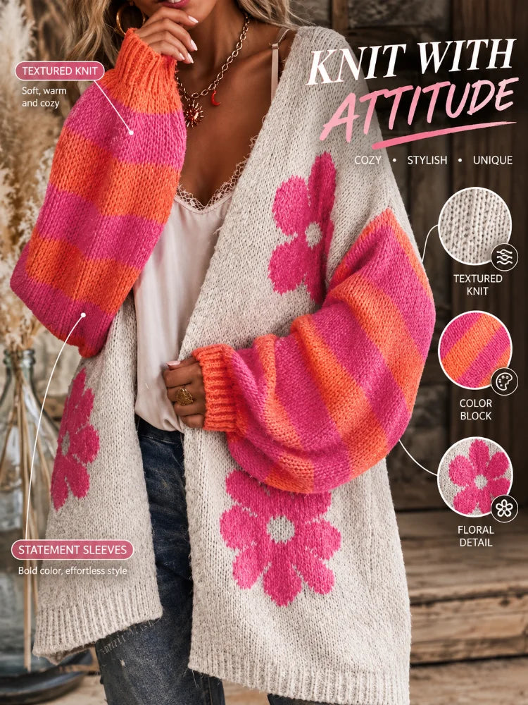 Women's Rainbow-Striped Knitted Cardigan Sweater, Featuring a Retro Floral Pattern with Oversized Front Opening and Long Sleeves, Is a Casual Outerwear Suitable for Sweet and Cool Style for Daily, Holiday and Casual Wear in A