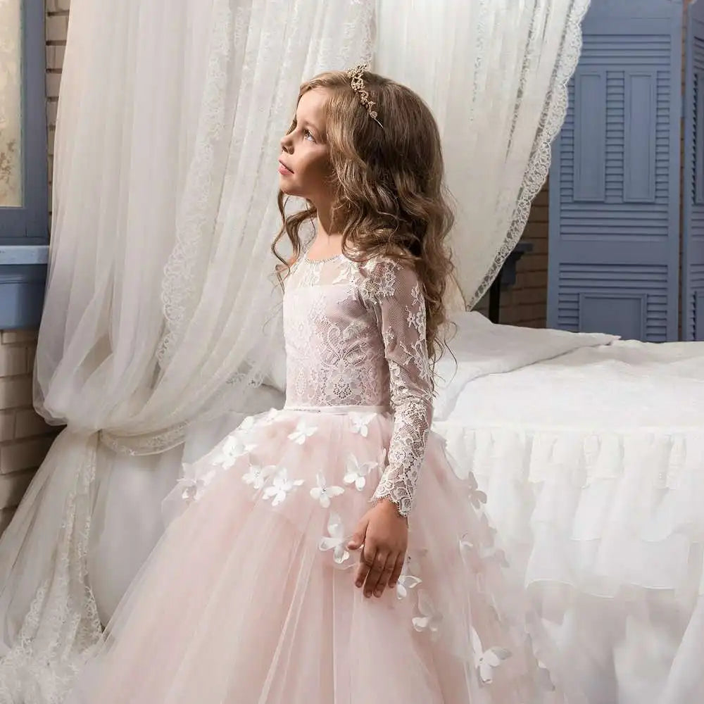 Abaowedding Long Sleeve Lace Flower Girl Dress With Train 3D Butterfly