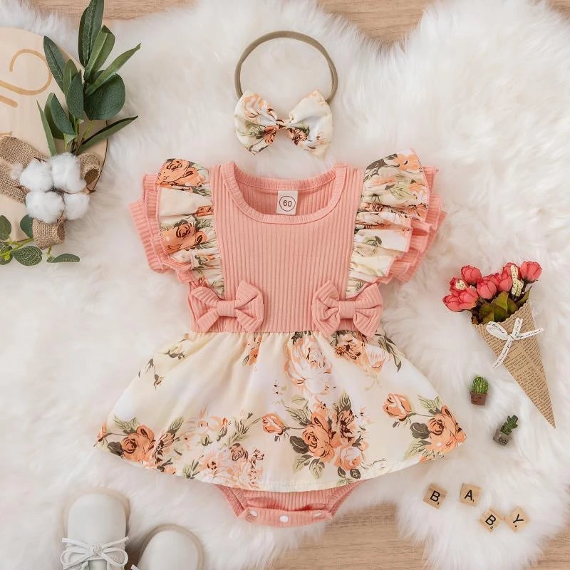 Summer Baby Girl Dress With Bowknot Striped Cotton Floral Outfit