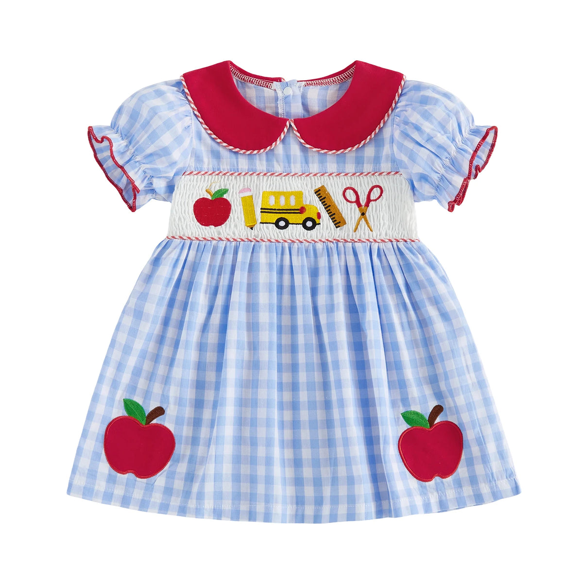 Girls Back to School Dress with Cute Apple Embroidery and Doll Collar Short Sleeve Toddler Summer Dress for Casual Wear