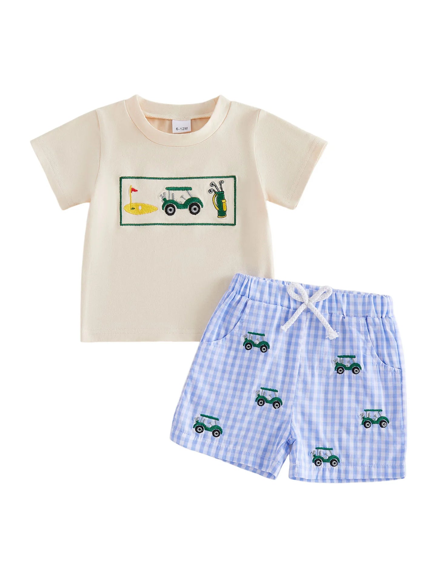 Girls Embroidered Animal Short Sleeve T-Shirts And Plaid Shorts 2Pcs