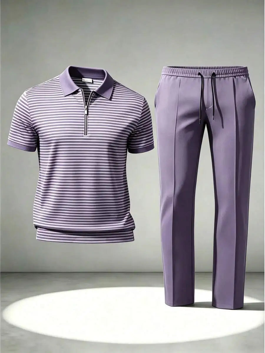 Men's Casual Striped Quarter-Zip Polo Sweatshirt With Drawstring Pants Set, 3D Digital Print,Lavender Striped Print