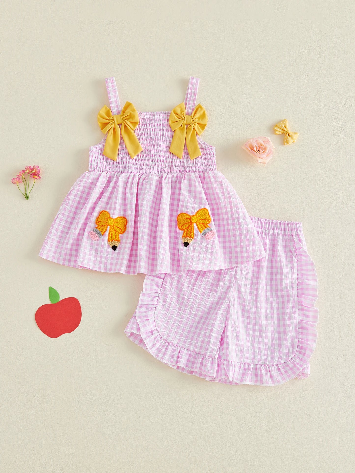 Cute Girl s Back to School Outfit Casual Bow Pencil Pattern Plaid Sleeveless Top with Ruffled Trim Shorts - 2 Piece Set