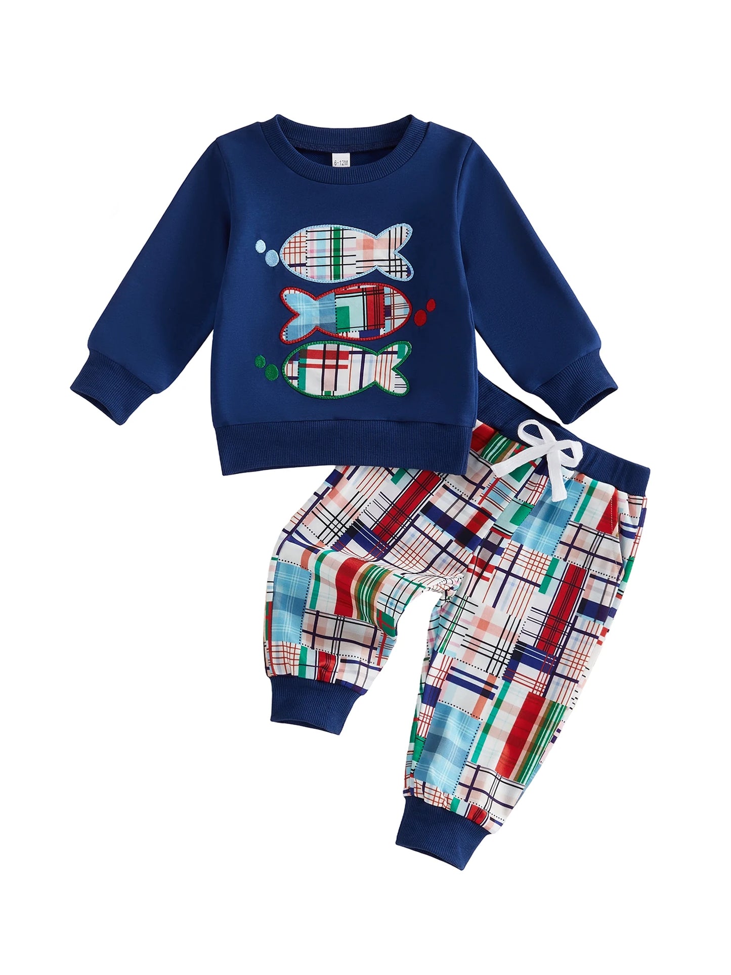 Piece Outfit Outfit Long Boys 2 Piece Plaid Pants 2 Piece Outfit Outfit Sleeve-Embroidery Sweatshirt With Plaid Piece Outfit