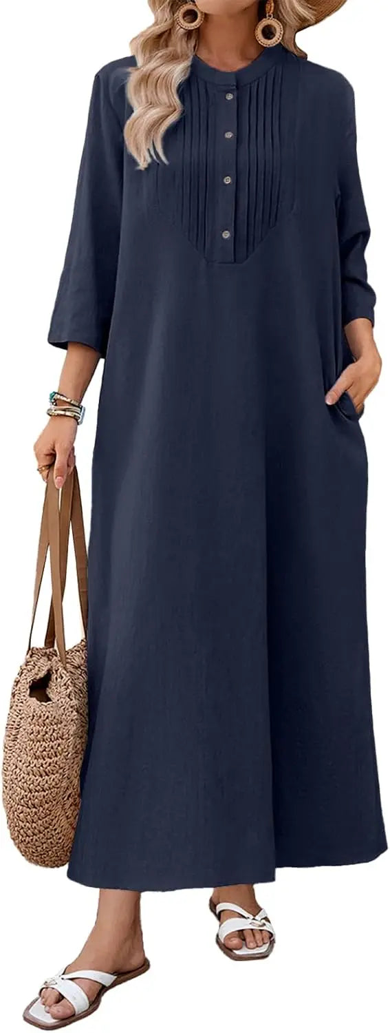 Autumn Solid Cotton Caftan Dress Loose Fit Women Casual