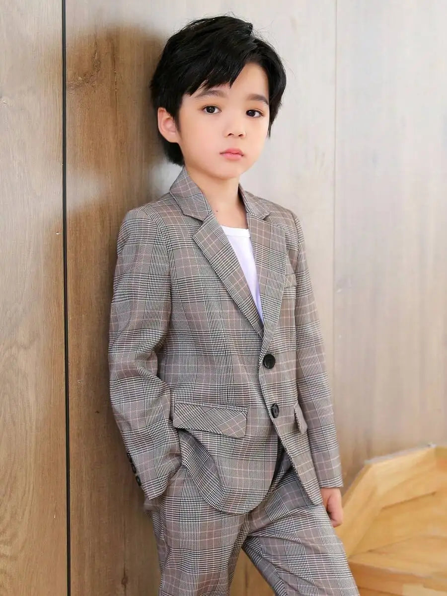 Boys Plaid Suit Set Blazer and Trousers for Formal Events