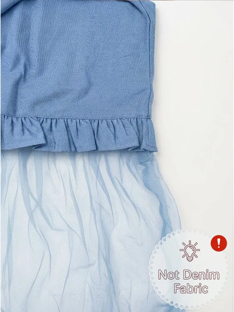 Women Blue Lapel Collar Shirt Dress 2026 New Short Sleeves Button Front Patchwork Ruffle‑Hem Sheer Tulle Tiered Elegant Party Evening Maxi Dresses