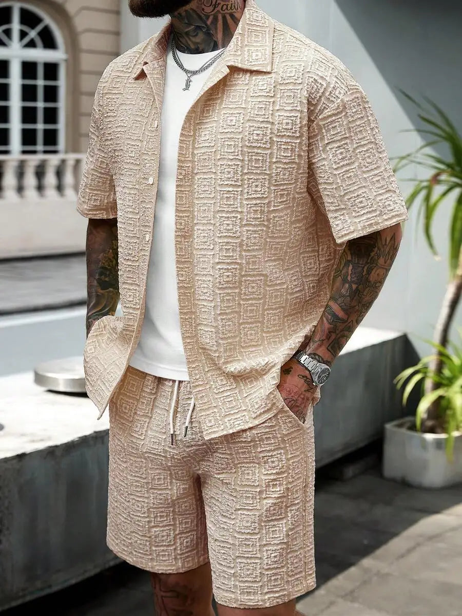 Manfinity CasualCool Men's Yellow Summer Casual Vacation Holiday Outfit,Textured Geometric Pattern Short Sleeve Button Up Shirt