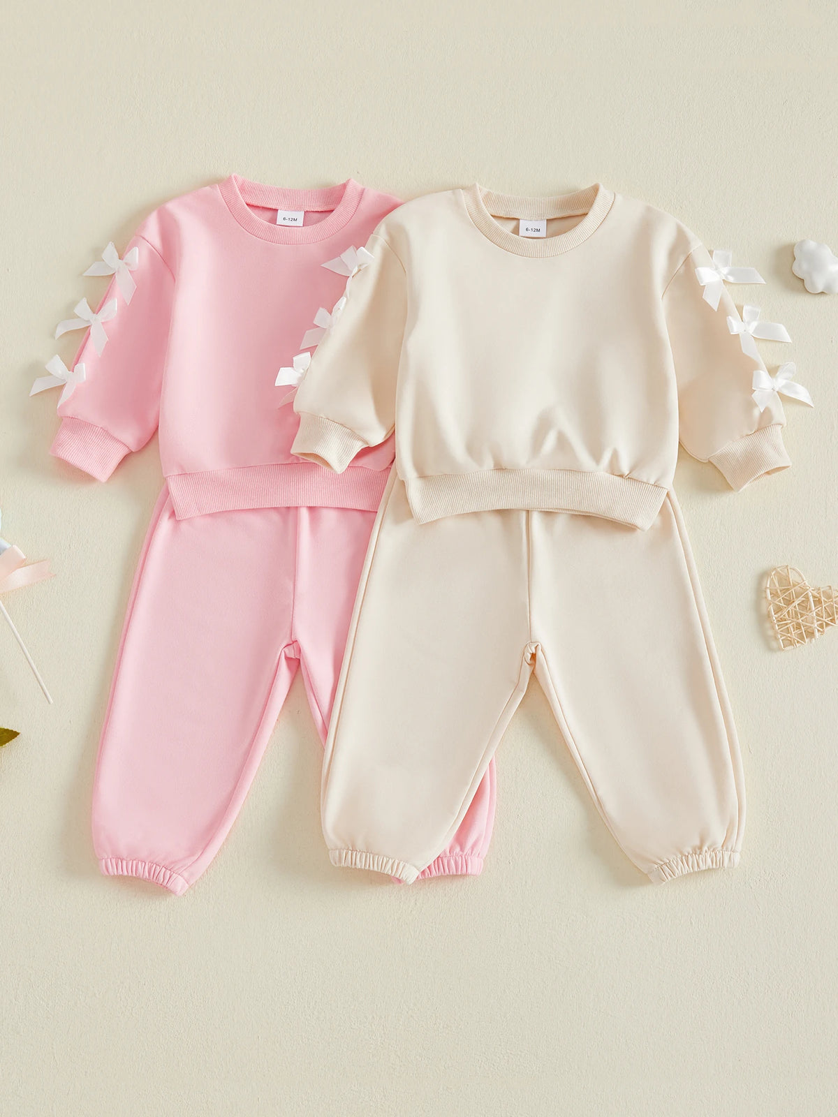 Girls Bow Accent Fall Outfit Set With Crew Neck Pullover