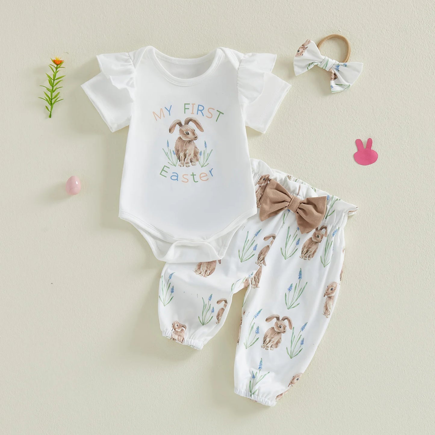 Bunny Three Piece Romper Pants Headband Set For Baby Girls