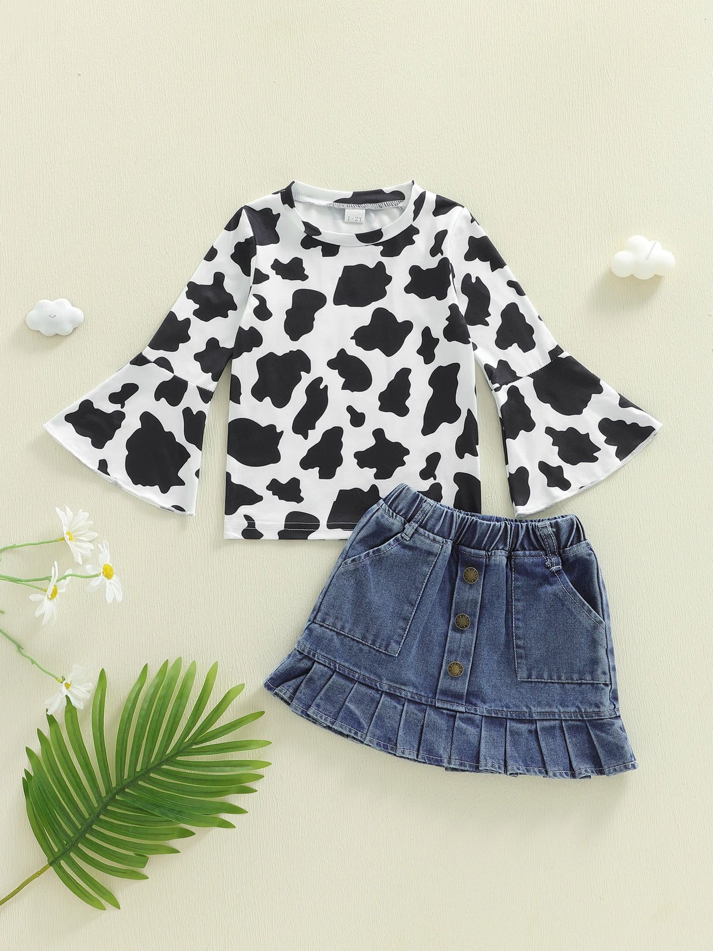 Infant Boy 3-Piece Turtleneck Top Cow Print Denim Pants Hat