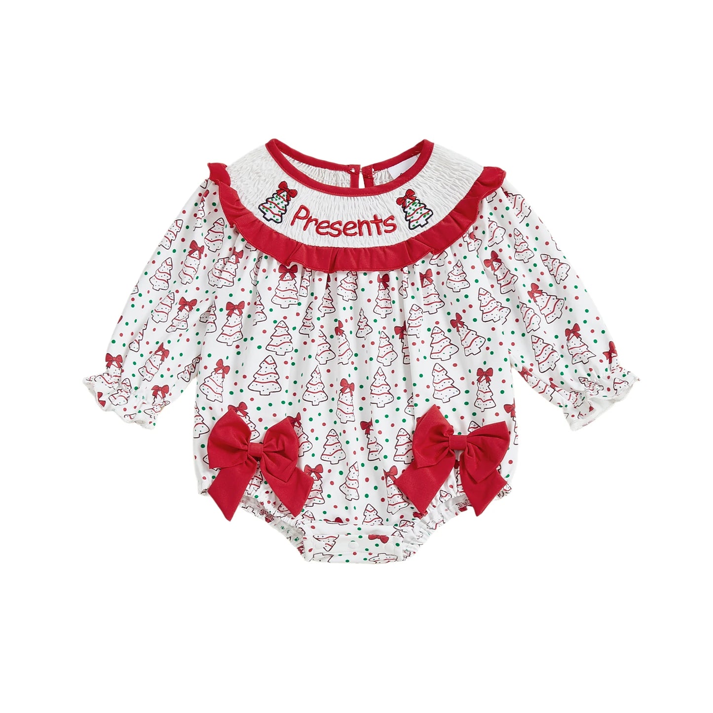 Baby Girl Bubble Romper With Christmas Tree Embroidery Long Sleeve