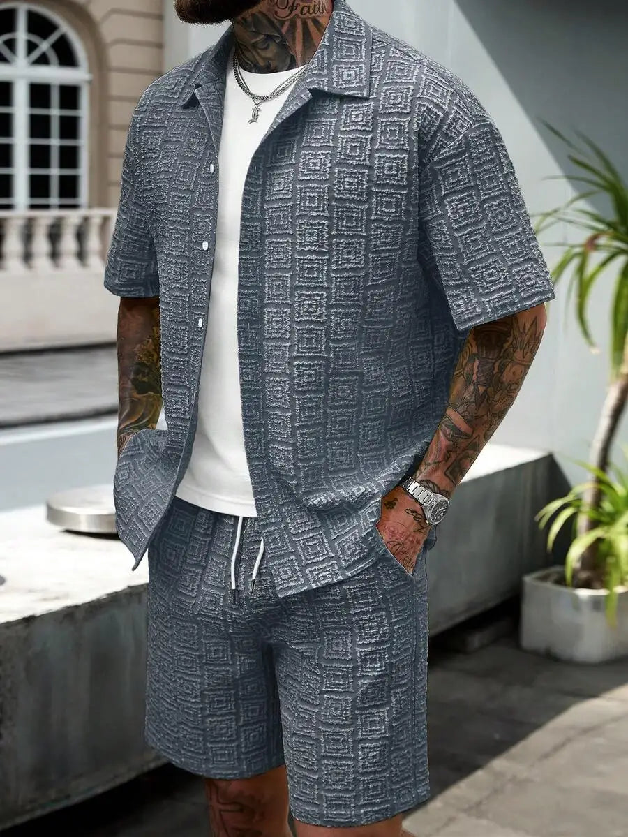 Manfinity CasualCool Men's Yellow Summer Casual Vacation Holiday Outfit,Textured Geometric Pattern Short Sleeve Button Up Shirt